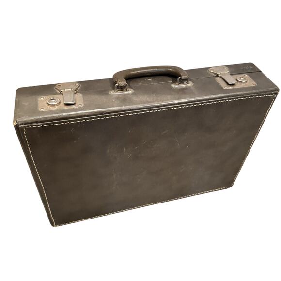 Vintage Gray Stitched Briefcase Brief Case Hard Shell Silver Accents - BUB - Picture 1 of 8